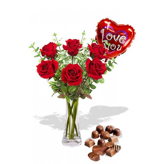 6 Roses package with Chocolate Box and I Love You Helium Balloon