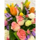 Pink Rose with Mix Color of Tulips in a Round Shape Gift Box